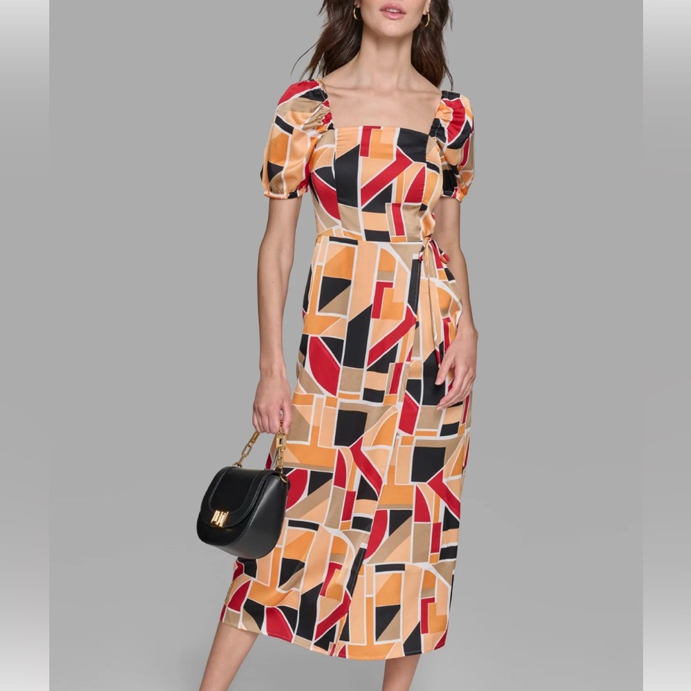 KARL LAGERFELD PUFF SLEEVE WRAP MIDI DRESS